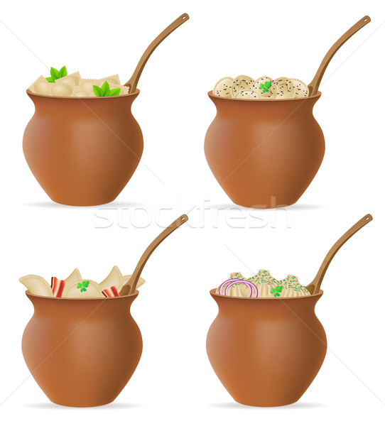 dumplings of dough with a filling and greens in clay pot set ico Stock photo © konturvid