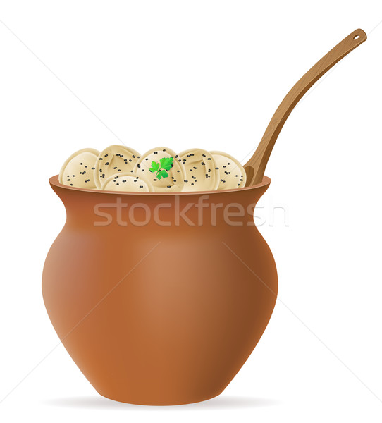 dumplings pelmeni of dough with a filling and greens in clay pot Stock photo © konturvid