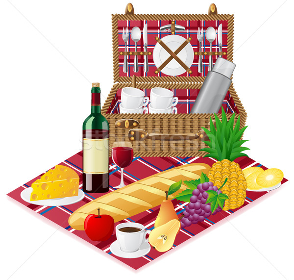 basket for a picnic with tableware and foods Stock photo © konturvid