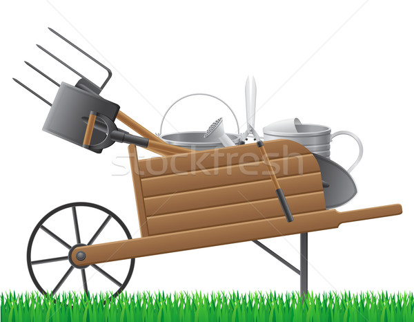 Stock photo: wooden old retro garden wheelbarrow with tool vector illustratio