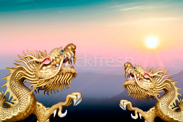 Twin golden Drachen Morgen sunrise Berge Stock foto © koratmember