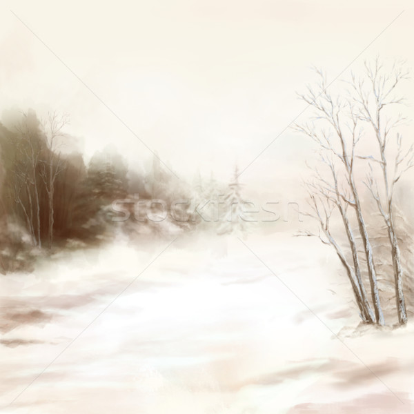 Zimą rzeki ptaków akwarela krajobraz mgły Zdjęcia stock © kostins