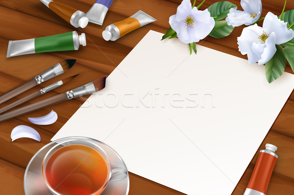 Stock foto: Vektor · Frühling · Blatt · Papier · weißen · Blüten · Pinsel