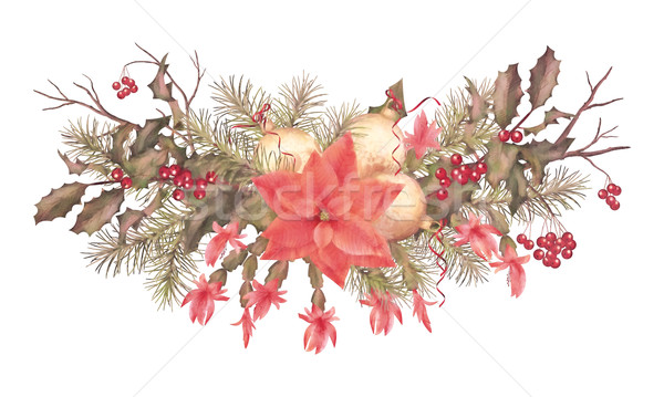 ストックフォト: クリスマス · レトロな · 水彩画 · 休日 · 花輪 · 装飾