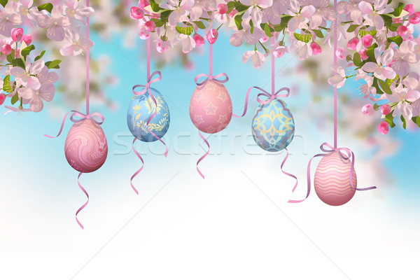 Stock fotó: Vektor · húsvét · díszítések · virágzó · faág · akasztás