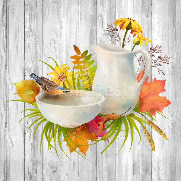 Aquarela outono pássaro água potável cerâmica tigela Foto stock © kostins