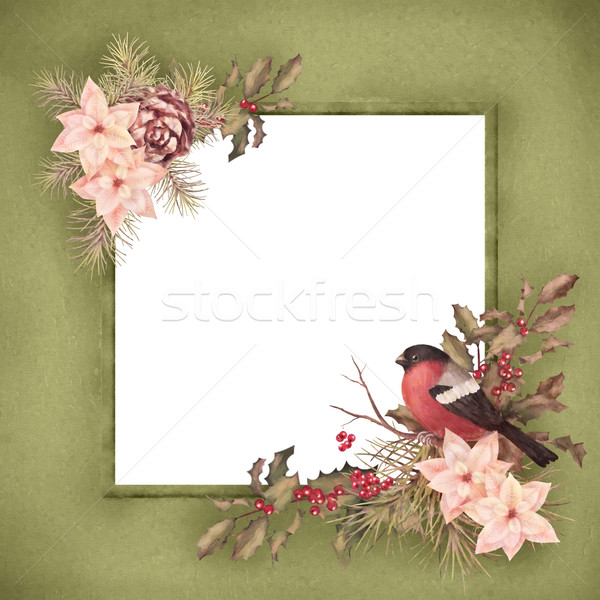 Stock fotó: Karácsony · retro · vízfesték · dekoratív · keret · madár