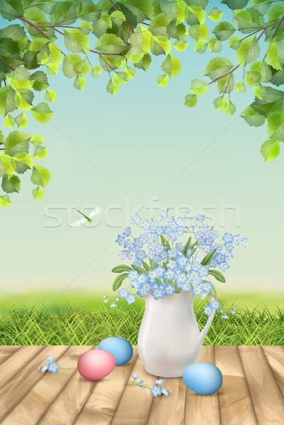 [[stock_photo]]: Joyeuses · pâques · carte · vecteur · fleurs · du · printemps · oeufs · paysage