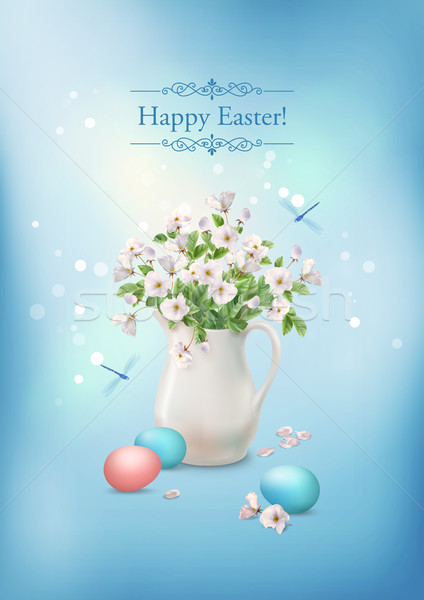 Foto stock: Feliz · pascua · tarjeta · vector · flores · de · primavera · cerámica · jarra