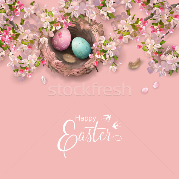 Húsvét ünnep fészek tojások virágzó fa Stock fotó © kostins