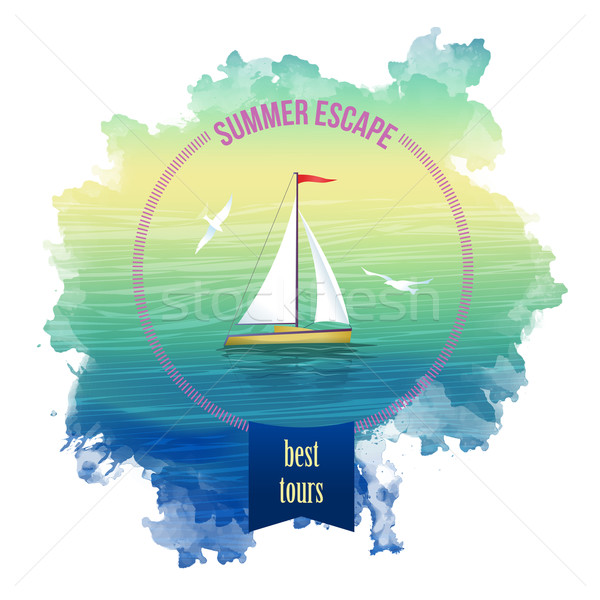 Yacht Sea Landscape Watercolor Vector Stock photo © kostins