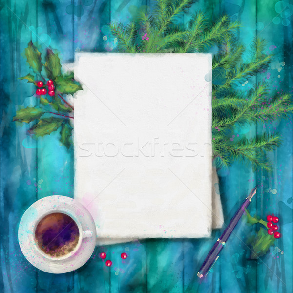 Weihnachten Wasserfarbe top Ansicht leeres Papier Blatt Stock foto © kostins
