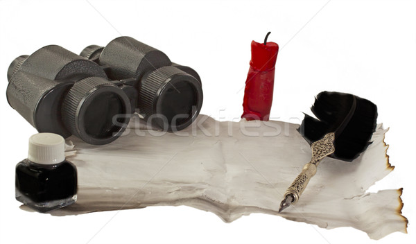 Exploratie verrekijker kaars oud papier oude pen Stockfoto © Koufax73