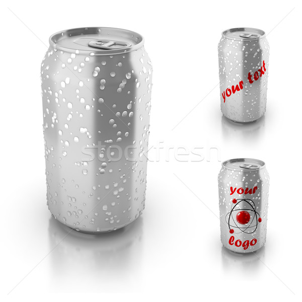 Alumínio lata gotas de água isolado branco texto Foto stock © koya79