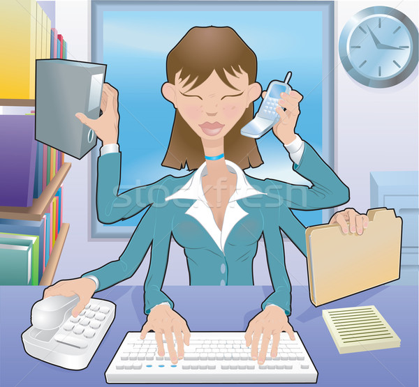 Femme d'affaires multitâche illustration occupés bureau pas [[stock_photo]] © Krisdog