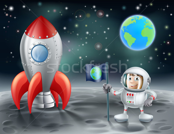 Cartoon astronaut and vintage space rocket on the moon Stock photo © Krisdog