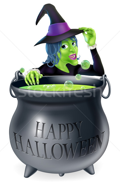 Feliz halloween bruxa caldeirão desenho animado olhando Foto stock © Krisdog