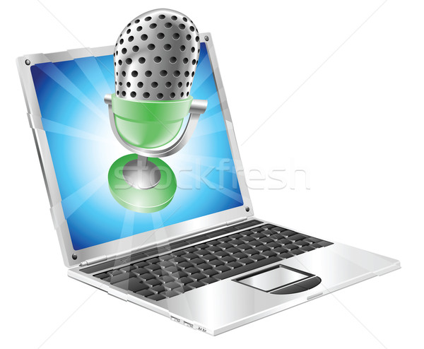 Stock photo: Microphone flying out of laptop screen concept