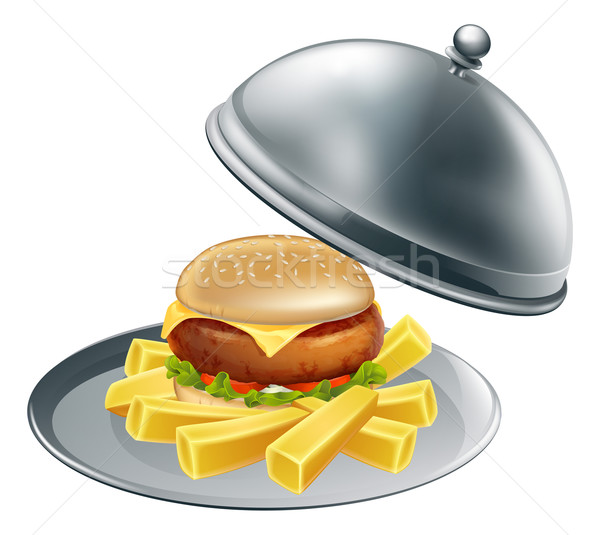 Burger and chips on a silver platter Stock photo © Krisdog