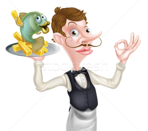 Cartoon официант дворецкий рыбы чипов иллюстрация Сток-фото © Krisdog