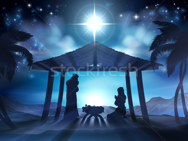 ストックフォト: クリスマス · シーン · 赤ちゃん · イエス · シルエット · ヤシの木