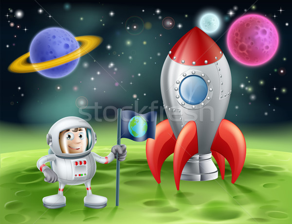 Cartoon astronaut and vintage rocket Stock photo © Krisdog