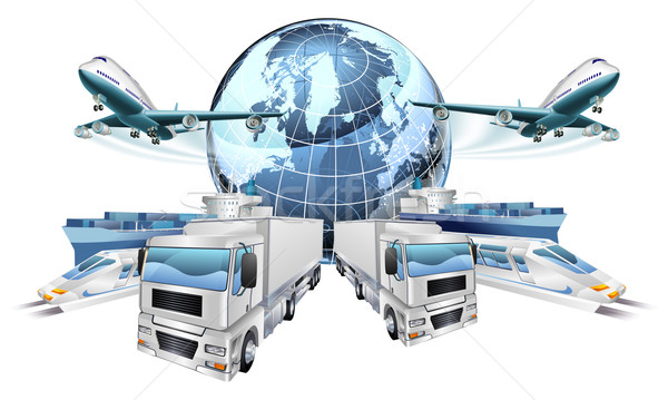 Foto stock: Logística · transporte · aviones · camiones · trenes
