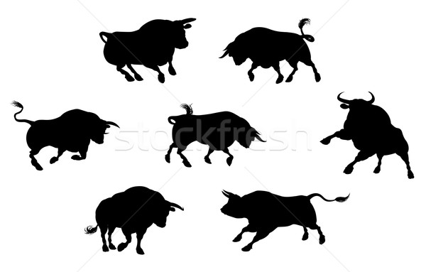 Stockfoto: Gedetailleerd · stier · silhouetten · vee · dier · boerderij