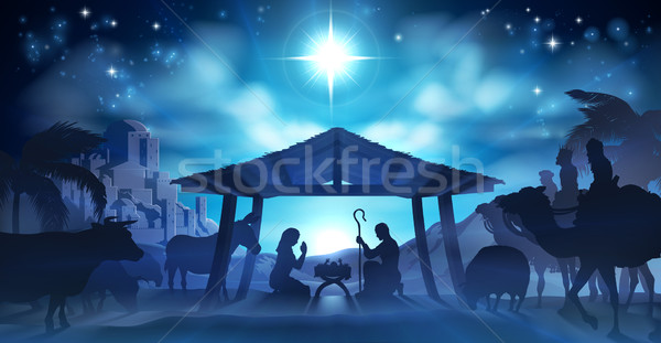 Karácsony jelenet baba Jézus sziluett állatok Stock fotó © Krisdog