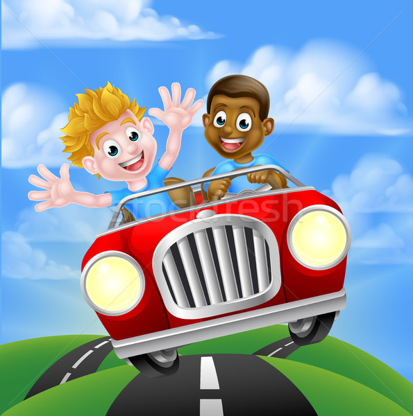 Stockfoto: Cartoon · jongen · kinderen · rijden · auto · twee