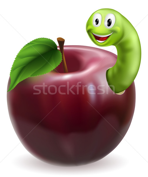 Foto stock: Bonitinho · lagarta · maçã · ilustração · feliz · verde