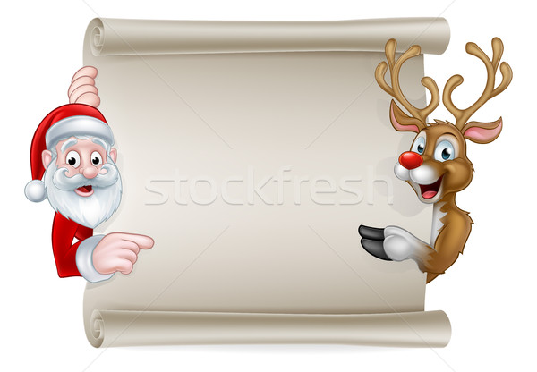 Cartoon Santa and Christmas Reindeer Scroll Stock photo © Krisdog