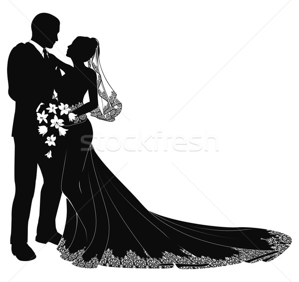 Oblubienicy pan młody sylwetka ślub dzień kiss Zdjęcia stock © Krisdog