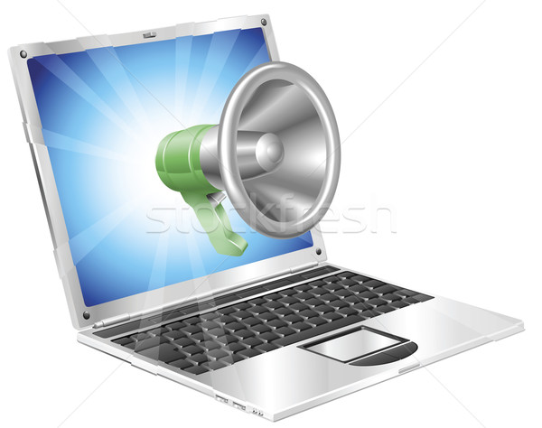 Megafon ikona laptop na zewnątrz ekranu komputera Zdjęcia stock © Krisdog