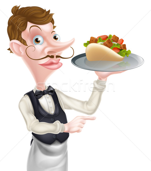 Stockfoto: Cartoon · kebab · pita · De · ober · wijzend · illustratie