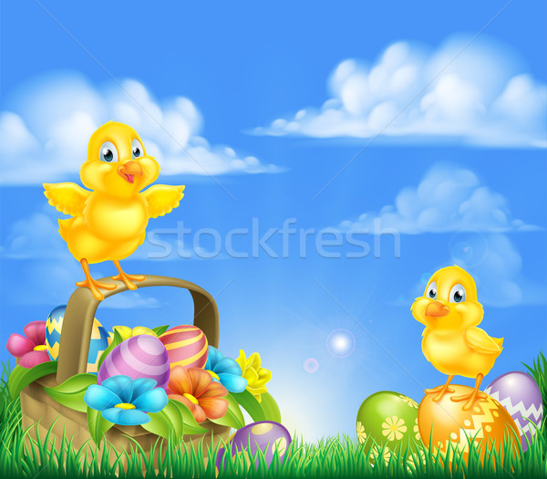 Chicks and Easter Eggs Basket Scene Stock photo © Krisdog