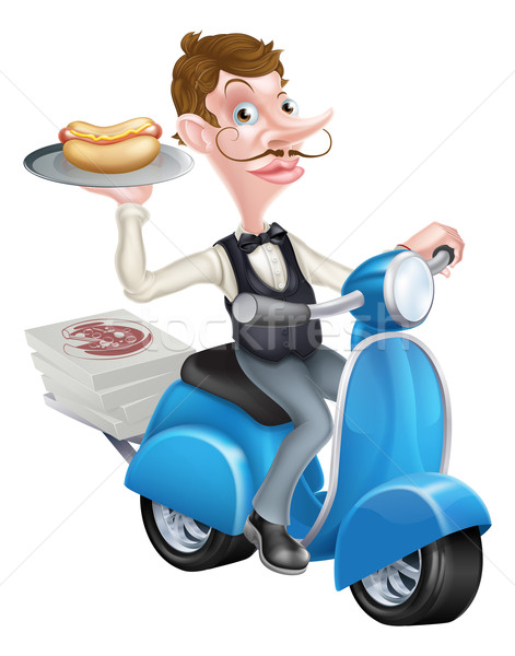 Cartoon Butler on Scooter Moped Delivering Hotdog Stock photo © Krisdog