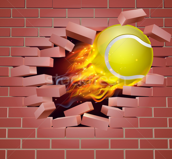 Flaming Tennis Ball Breaking Through Brick Wall Stock photo © Krisdog