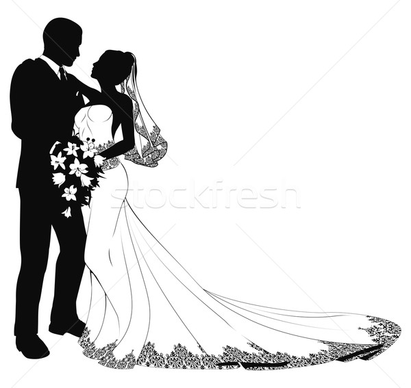 Oblubienicy pan młody sylwetka ślub dzień kiss Zdjęcia stock © Krisdog