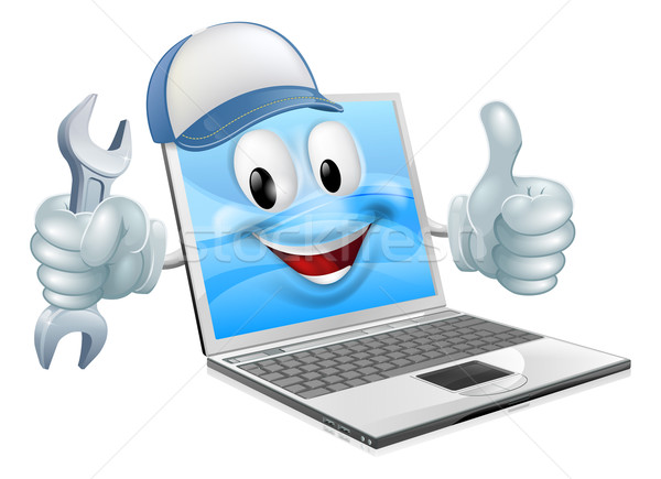 Cartoon laptop naprawy maskotka cap klucz Zdjęcia stock © Krisdog