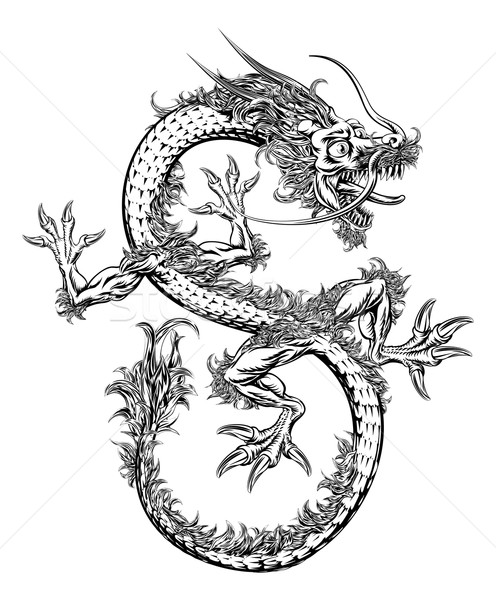 Сток-фото: китайский · Японский · дракон · черно · белые · иллюстрация