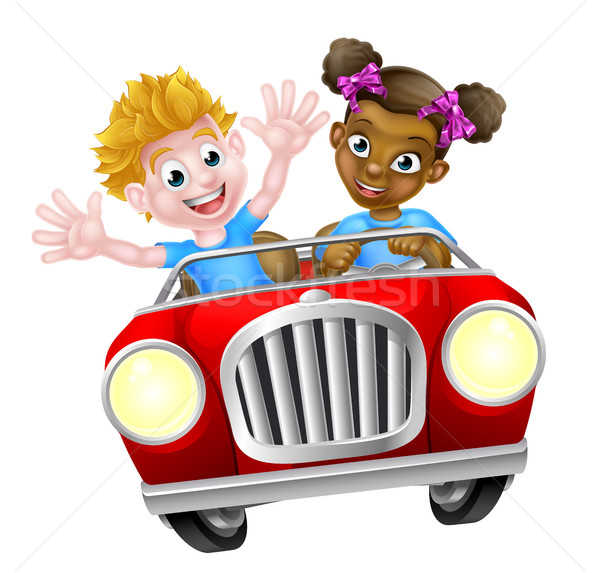 Stockfoto: Cartoon · rijden · auto · twee · kinderen