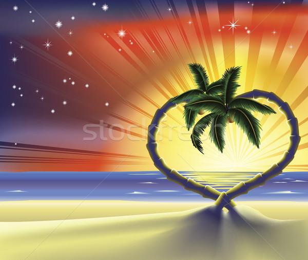 Сток-фото: романтические · пляж · сердце · пальмами · иллюстрация · сцена