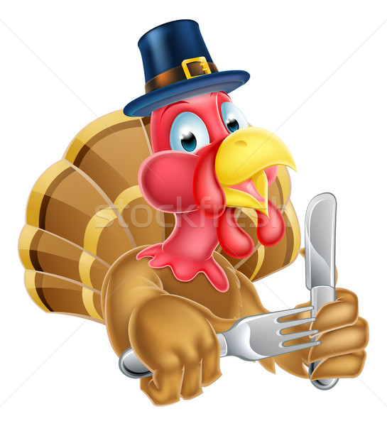 Cartoon Turkey in Thanksgiving Pilgrims Hat Holding Knife and Fo Stock photo © Krisdog