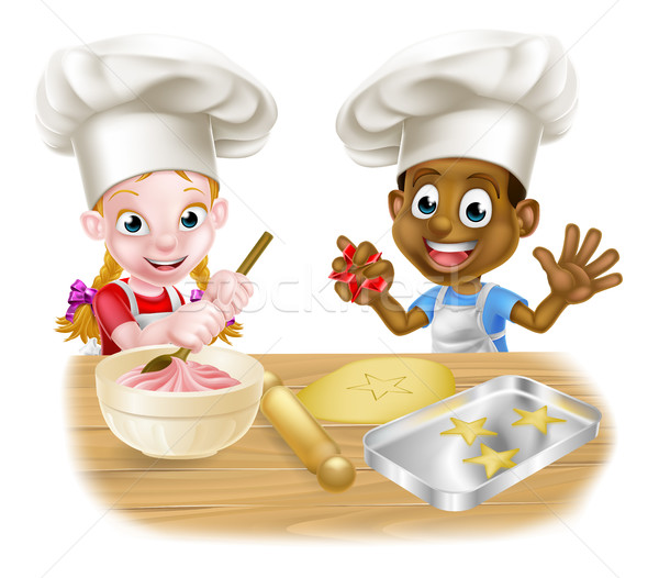 Niños cocinando. Niño y niña en la cocina Stock Vector