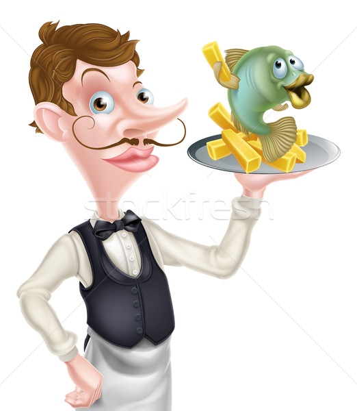 Cartoon Waiter Butler Holding Fish and Chips Stock photo © Krisdog