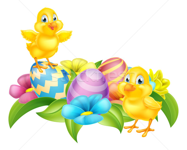 Cartoon poussins œufs de Pâques cute Pâques fleurs du printemps Photo stock © Krisdog