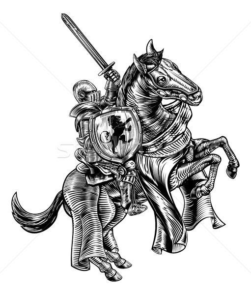 Knight on Horse Woodblock Engraving Style Stock photo © Krisdog