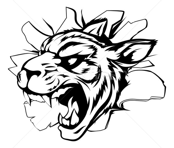 Stock photo: Tiger mascot breaking through wall