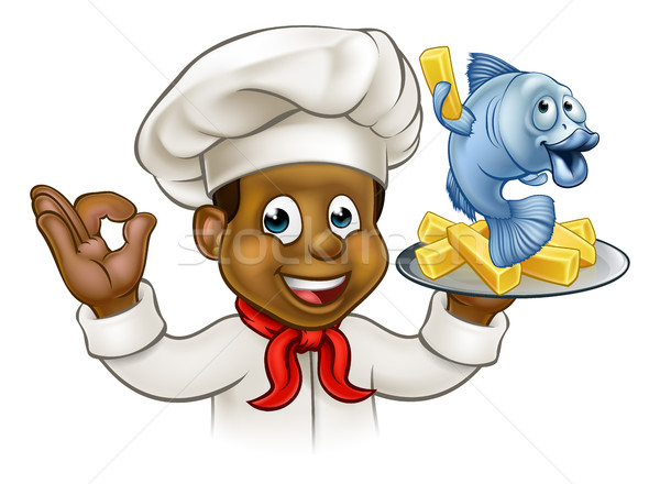 Stock foto: Karikatur · Fisch · Chips · Küchenchef · schwarz · Zeichen